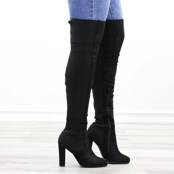 Faux Suede & Stretchy Material Thigh High Boots - Picture 4 of 13